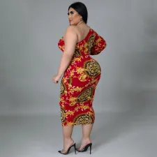 Plus Size Sexy Hollow One Shoulder Long Sleeve Print Midi Dress NNWF-7418
