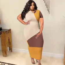 Plus Size Contrast Color Patchwork Hooded Maxi Dress OSIF-22208