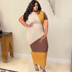 Plus Size Contrast Color Patchwork Hooded Maxi Dress OSIF-22208