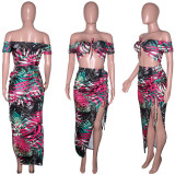 Sexy Print Lace-Up Top Split Drawstring Skirt Set SH-390291