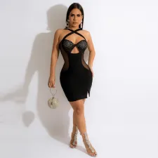 Plus Size Black Hot Drilling Cross Strap Night Club Dress NY-2316