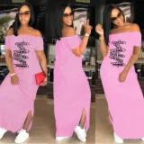 EVE Plus Size Pink Letter Print Slash Neck Split Maxi Dress AL-280