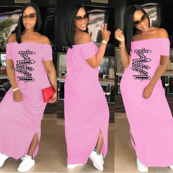 EVE Plus Size Pink Letter Print Slash Neck Split Maxi Dress AL-280