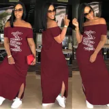 EVE Plus Size Pink Letter Print Slash Neck Split Maxi Dress AL-280