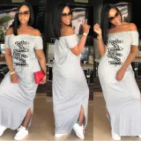 EVE Plus Size Pink Letter Print Slash Neck Split Maxi Dress AL-280
