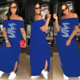 EVE Plus Size Pink Letter Print Slash Neck Split Maxi Dress AL-280