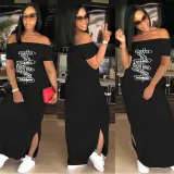 EVE Plus Size Pink Letter Print Slash Neck Split Maxi Dress AL-280