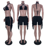 EVE Halter Bra Side Tassel Shorts Two Piece Set MDF-5298