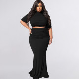 EVE Plus Size Solid Short Sleeve Maxi Skirt 2 Piece Sets OSIF-22216