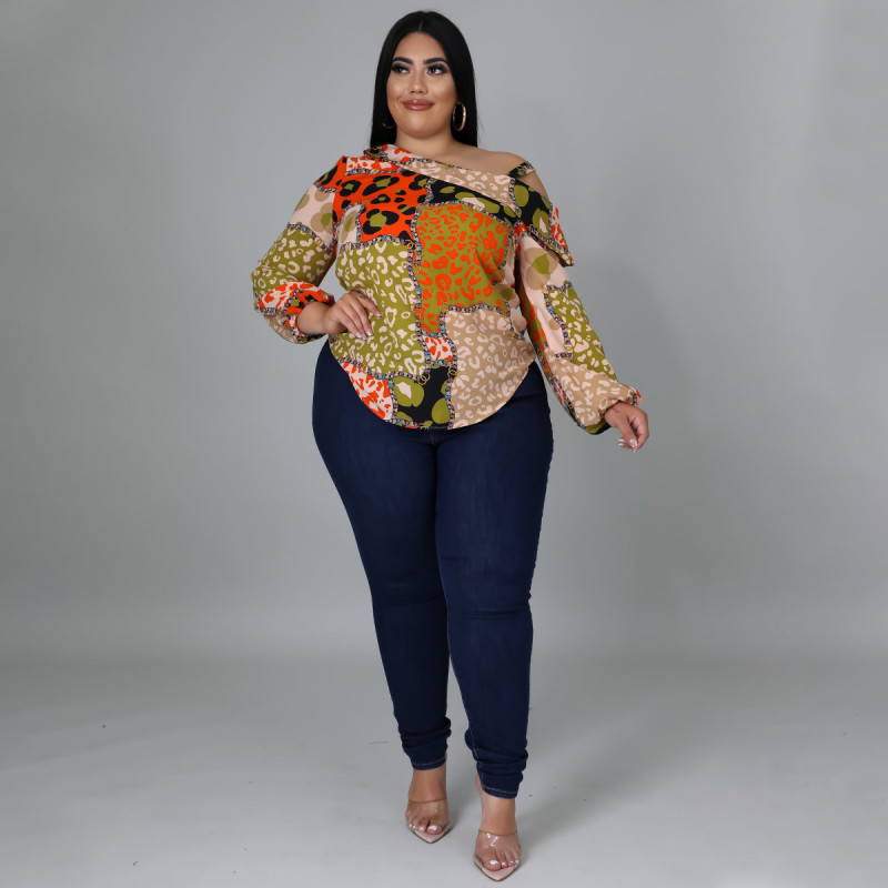 EVE Plus Size Long Sleeve Slanted Shoulder Print Top NNWF-7412