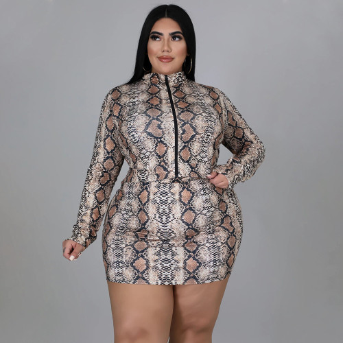 EVE Plus Size Fashion Sexy Snake Print Slim Zip Coats Dress Set NNWF-7407