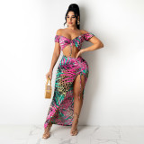 EVE Sexy Print Lace-Up Top Split Drawstring Skirt Set SH-390291
