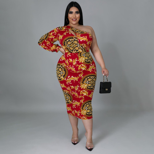 EVE Plus Size Sexy Hollow One Shoulder Long Sleeve Print Midi Dress NNWF-7418