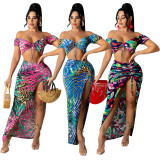 EVE Sexy Print Lace-Up Top Split Drawstring Skirt Set SH-390291
