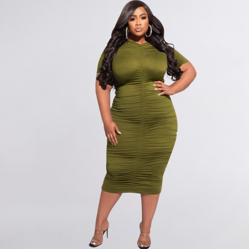 EVE Plus Size Solid Ruched Short Sleeve Slim Midi Dress OSIF-22217