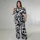 EVE Plus Size Casual Print Mid-sleeve Jumpsuit NNWF-7481