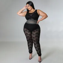 EVE Plus Size Perspective Sexy Lace Black Vest And Pants Two Piece Sets NNWF-7482