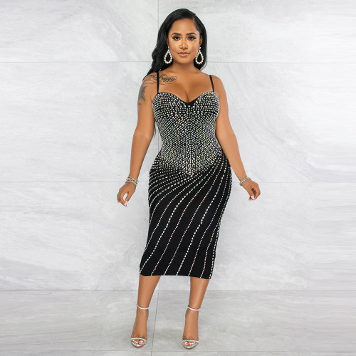 EVE Plus Size Hot Drilling Night Club Sling Midi Dress NY-2348