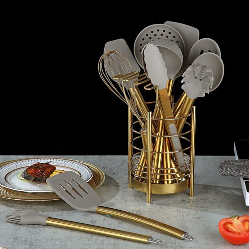 Just Houseware 38 Piece Silicone kitchen Cooking Utensils Set with Utensil  Rack, Silicone Head and Stainless Steel Handle Cookware, Kitchen Tools for