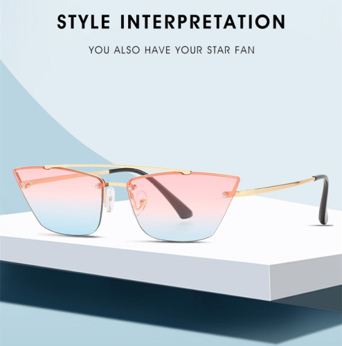 2023 New Retro Frameless Cat Eye Sunglasses Women Luxury Brand Fashion Ocean Gradient Men Glasses Female Vintage Metal Shades