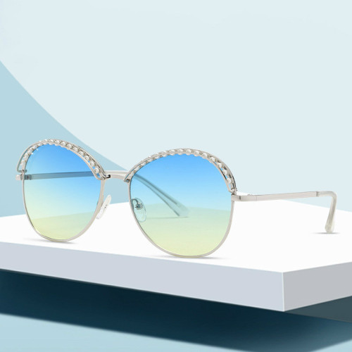 Retro Metal Pearl Round Sunglasses Women 2022 Luxury Brand Designer Large Frame Sun Glasses Female Gradient Ocean Lens Shades