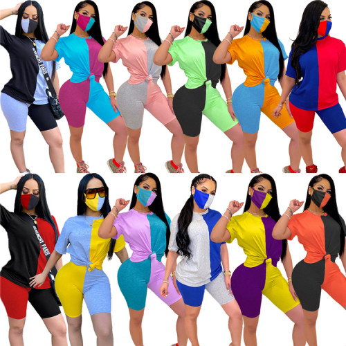 patchwork t shirts short pants two piece set women clothing