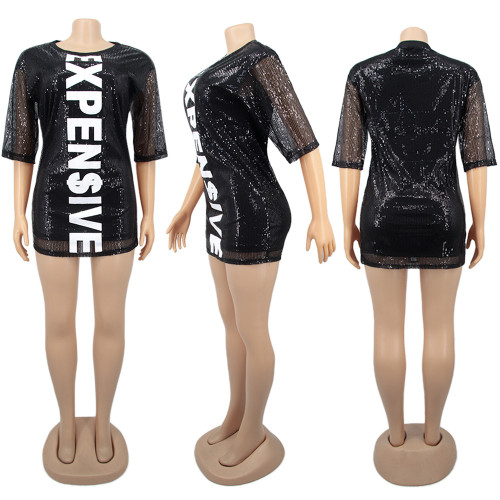 Casual Letter Print Sequined Mini Dress Midi Sleeve Bodycon Short Vestidos Night Club Party Fashion Robe