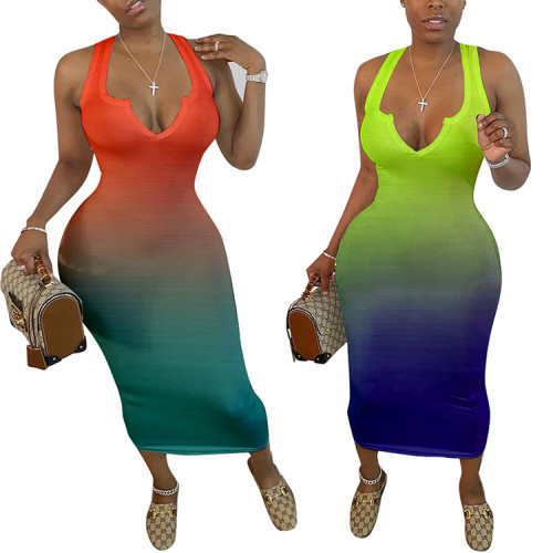 2022 Summer Dresses Sleeveless Deep V Gradient Slim Long Maxi Dresses For Women Plus Size