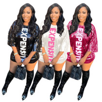 Casual Letter Print Sequined Mini Dress Midi Sleeve Bodycon Short Vestidos Night Club Party Fashion Robe
