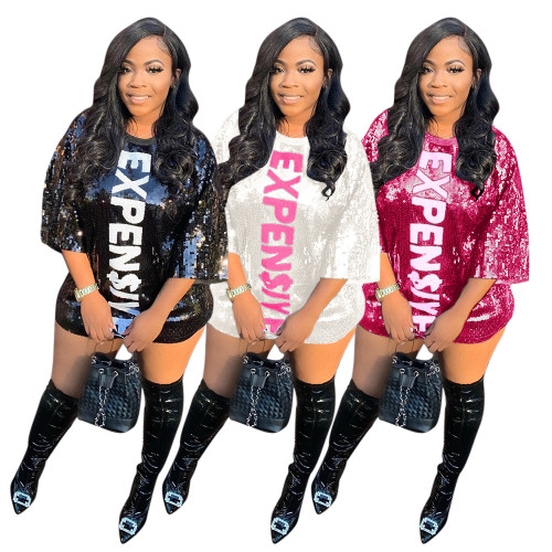 Casual Letter Print Sequined Mini Dress Midi Sleeve Bodycon Short Vestidos Night Club Party Fashion Robe