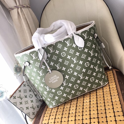 Louis Vuitton Womens Bags Handbags Luxury Brand Fashion Type NEVERFULL MM Khaki Green / Beige / Cream Printed and embossed grained cowhide leather M46102