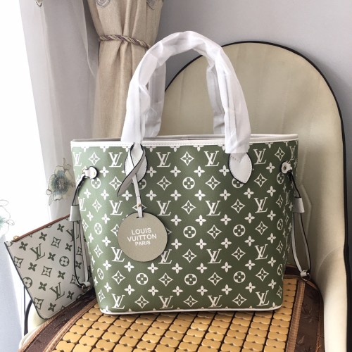Louis Vuitton Womens Bags Handbags Luxury Brand Fashion Type NEVERFULL MM Khaki Green / Beige / Cream Printed and embossed grained cowhide leather M46102