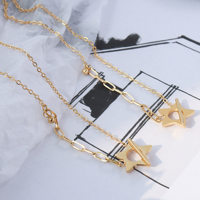 Stainless Steel Fake OT Buckle Star Chain Necklaces for Women Men Steel Bead Choker Collar Hip Hop Jewelry