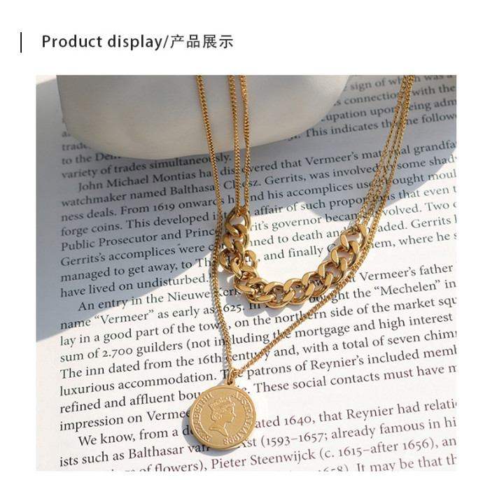 Double Layer Round Disc Pendant Necklace Gold Color Thick Chain Charm Necklace for Women Jewelry