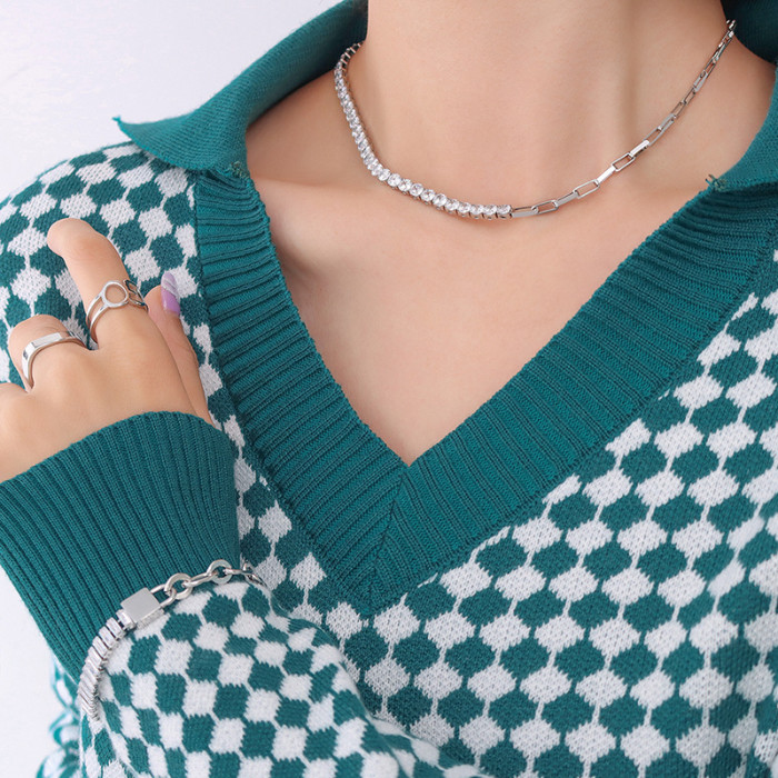Korean New Design Fashion Jewelry Thick Chain Luxury Shiny Asymmetric Copper Inlaid Zircon Female Short Necklace