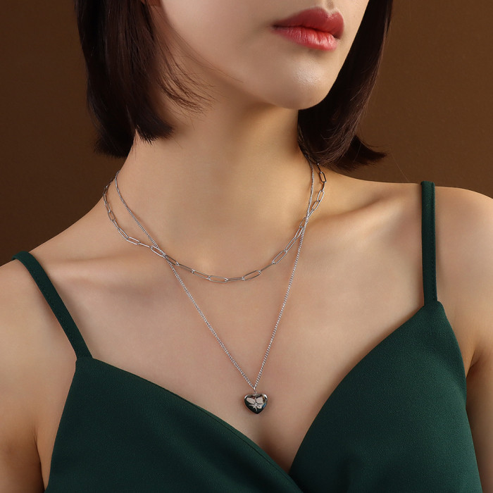 Genuine Heart Zircon Inlaid Pendant Necklace for Women Silver Double Layers Female Necklaces Fine Jewelry