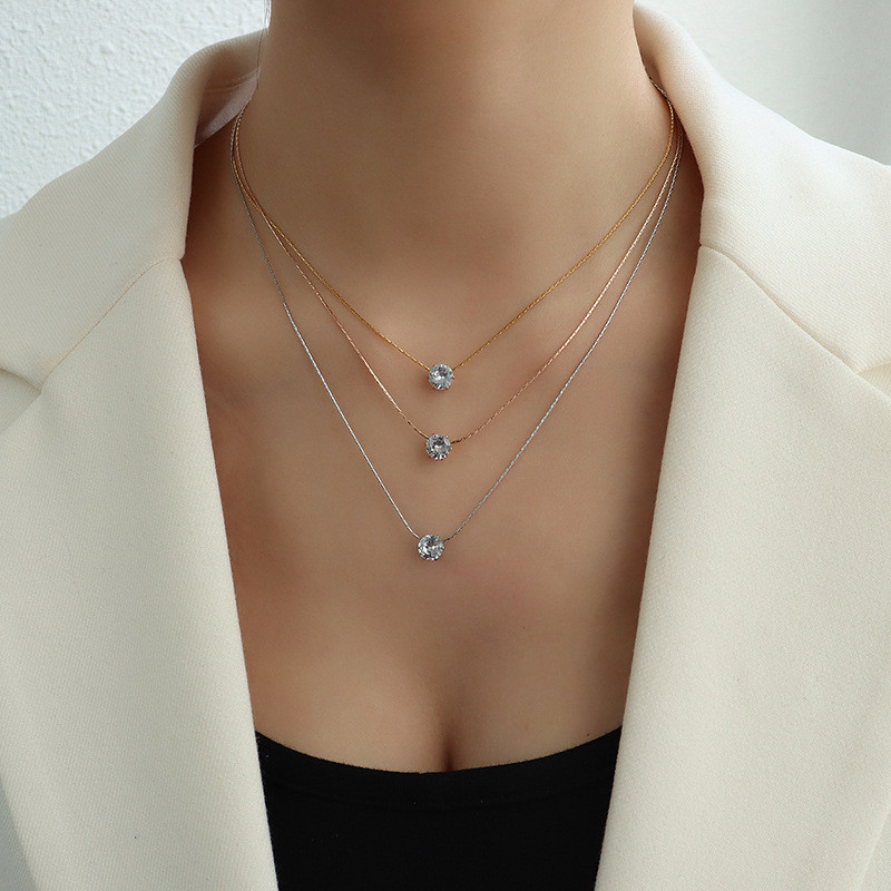 Stainless Steel Jewelry Thin Vertical Chain Single Zircon Chain Simple Zircon Necklace for Women