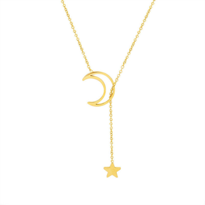 Double Pendant Long Chain Moon Star Stainless Steel Necklace Jewelry Wholesale