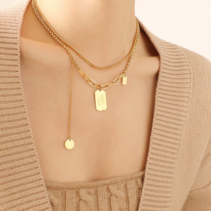 Hip Hop Alphabet Square Round Brand Tassel Double Layered Pendant High Sense Sweater Clavicle Necklace