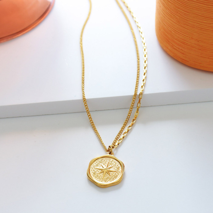 New Stainless Steel Gold Pendant Necklace for Women Girls Vintage Round Disc Star Double Layer Necklace Jewelry Gift