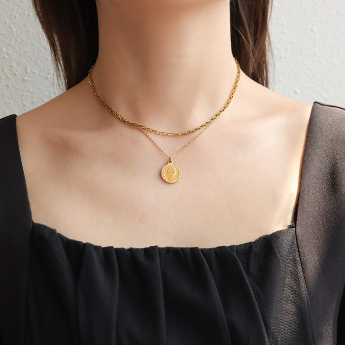 Double Layer Portrait Coin Pendant Necklace for Women Vintage Gold Color Chain Necklace Cavicle Chain Choker Necklace Jewelry