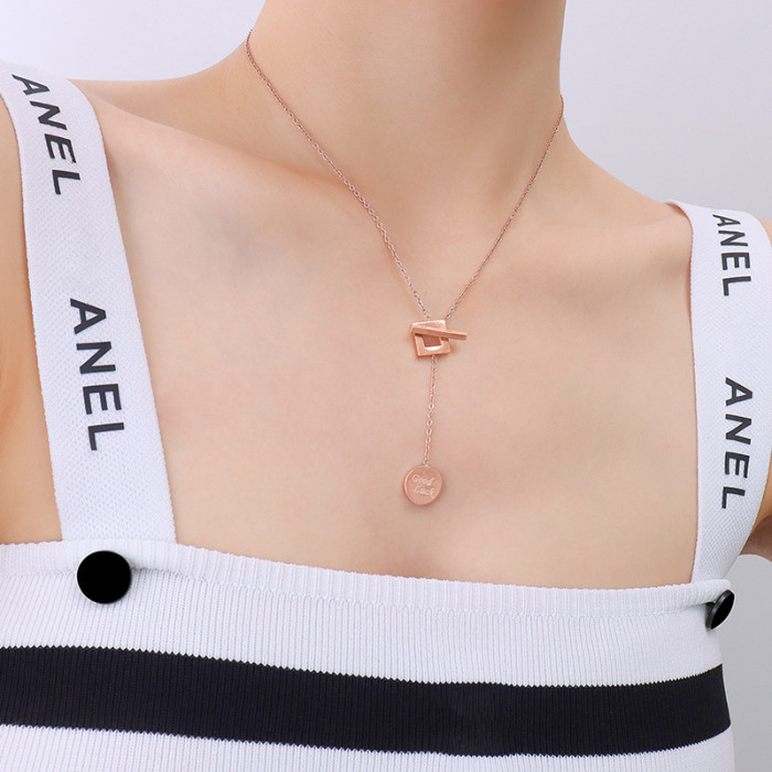 New Woman Silver Necklace Round Brand Good Luck English Square Pendant Clavicle