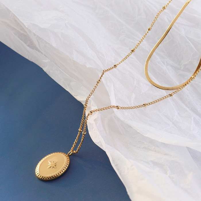 Women Double Layer Oval Pendant Necklace Gold Bead Necklace Beautiful Combination Jewelry Gift