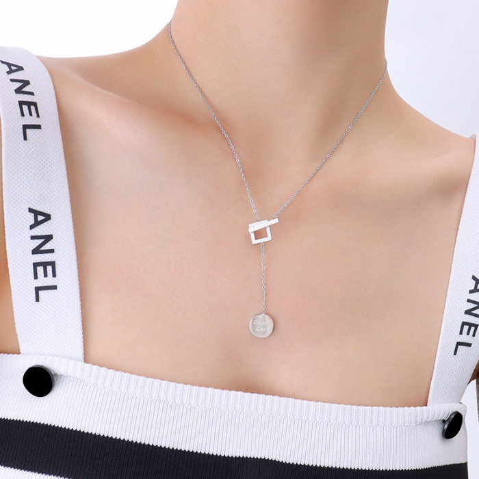 New Woman Silver Necklace Round Brand Good Luck English Square Pendant Clavicle