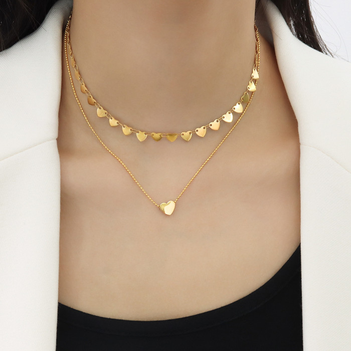 European Cool Style Jewelry Fashion Niche Design Sense Peach Heart Pendant Double Layer Necklace Clavicle Chain Female