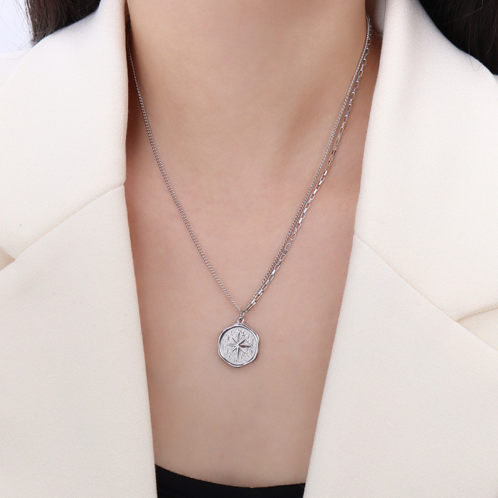 New Stainless Steel Gold Pendant Necklace for Women Girls Vintage Round Disc Star Double Layer Necklace Jewelry Gift