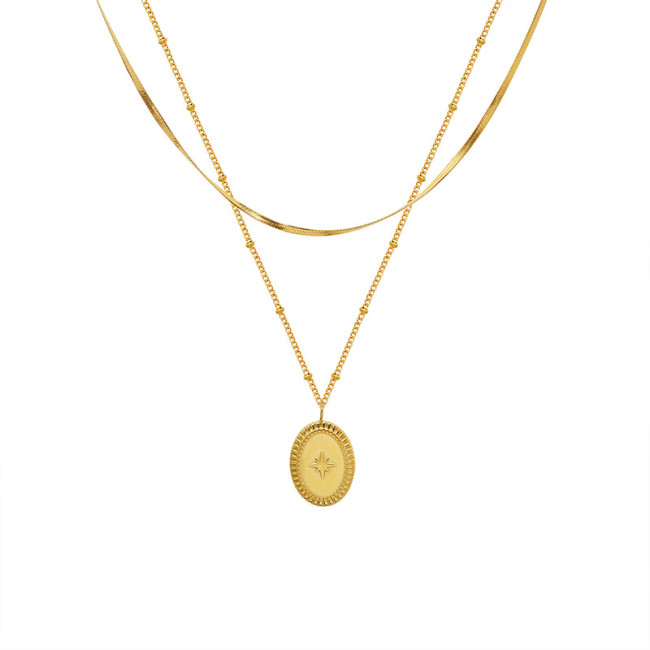 Women Double Layer Oval Pendant Necklace Gold Bead Necklace Beautiful Combination Jewelry Gift
