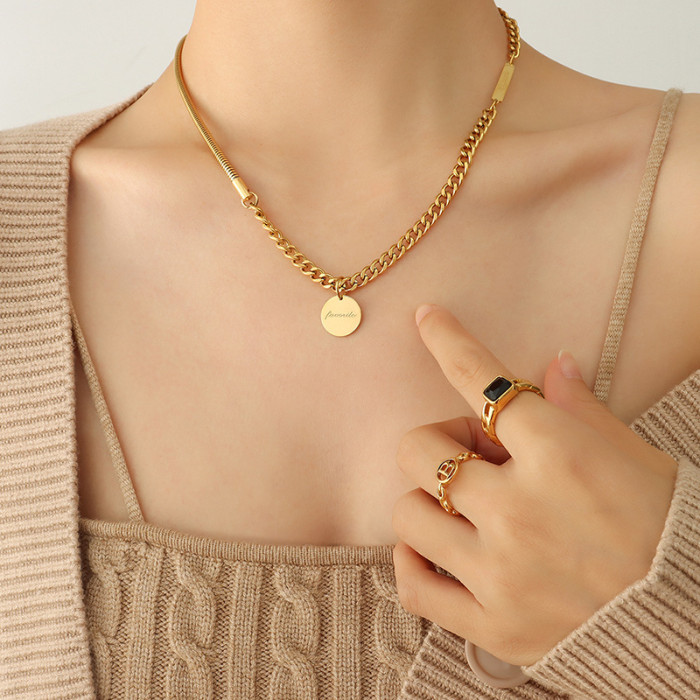 Letter Round Pendant Necklace Gold Women's Necklace Jewelry Splicing Thick Chain Necklace