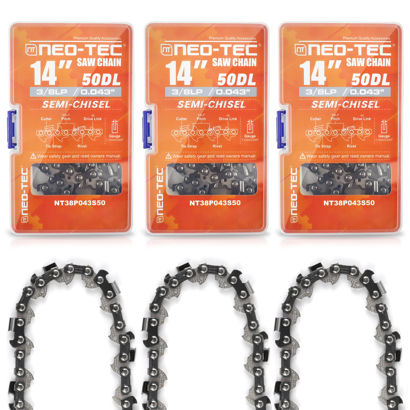 3 Packs 14 Inch Chainsaw Chain Semi Chisel 3/8LP Pitch 0.043'' Gauge 50