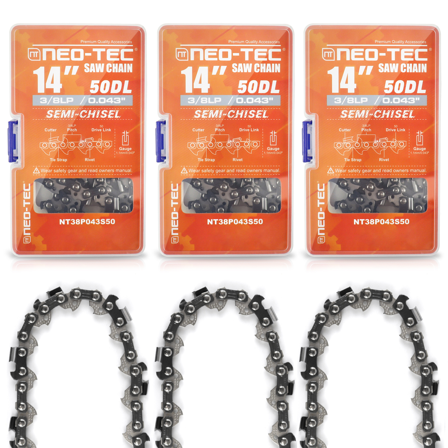 3 Packs 14 Inch Chainsaw Chain Semi Chisel 3/8LP Pitch 0.043